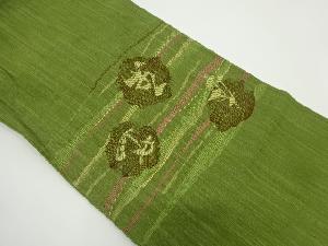 リサイクル　手織り紬変わり横段に抽象草花模様織り出し名古屋帯